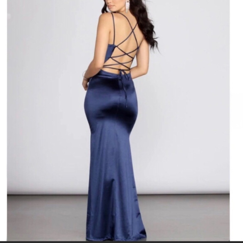 Windsor Heidi Formal Satin Lattice Dress in Navy Blue